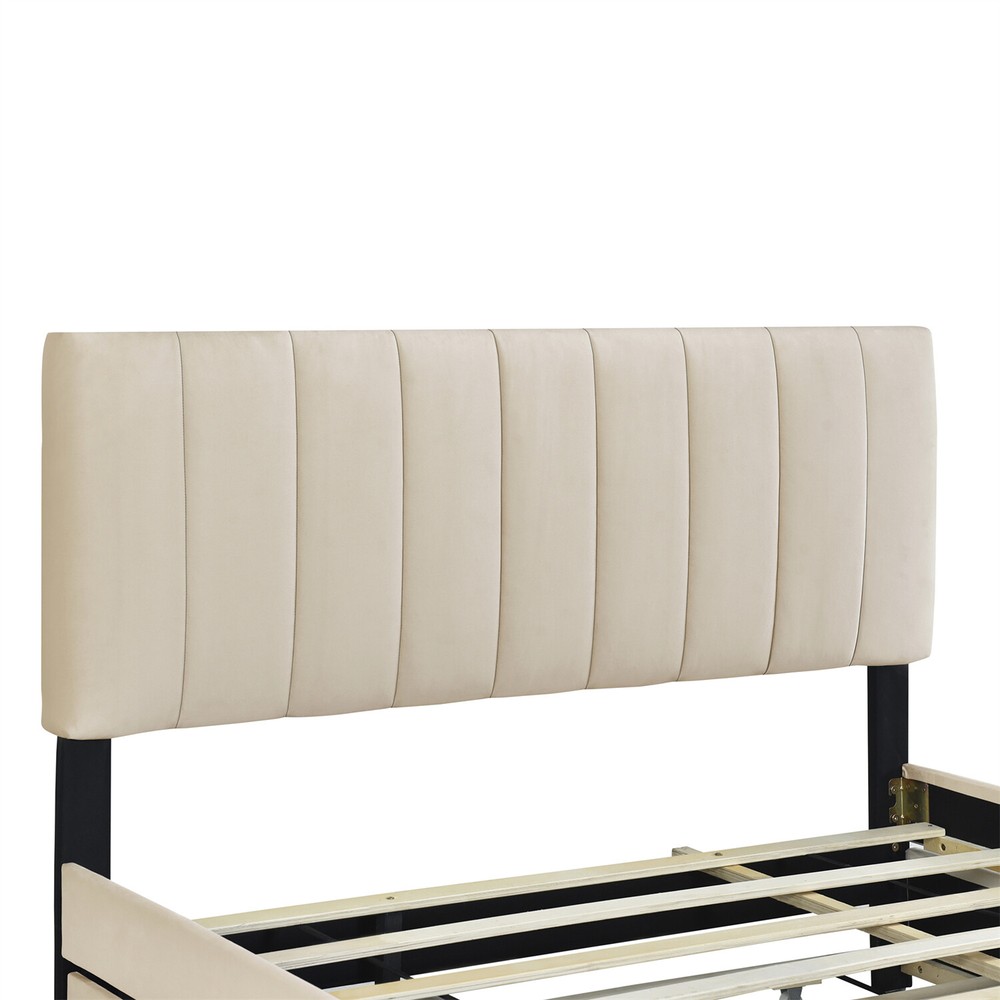 Queen Size Bed Frame Upholstered Platform Bed w/ Pull-Out Trundle & 2 Drawers
