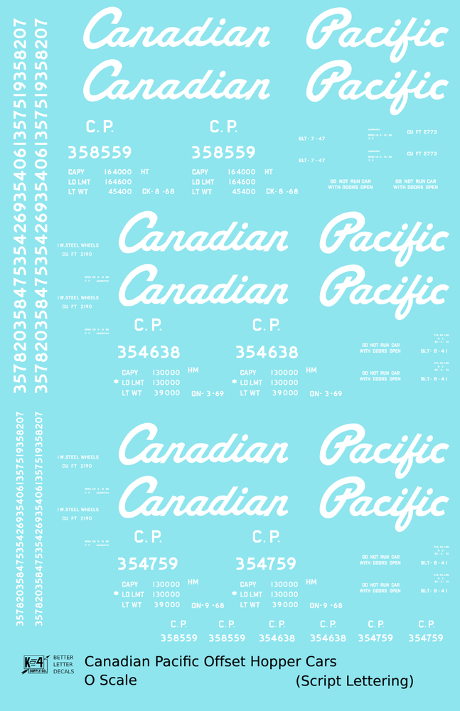 K4 O Scale Decals Canadian Pacific Offset Hopper White Script