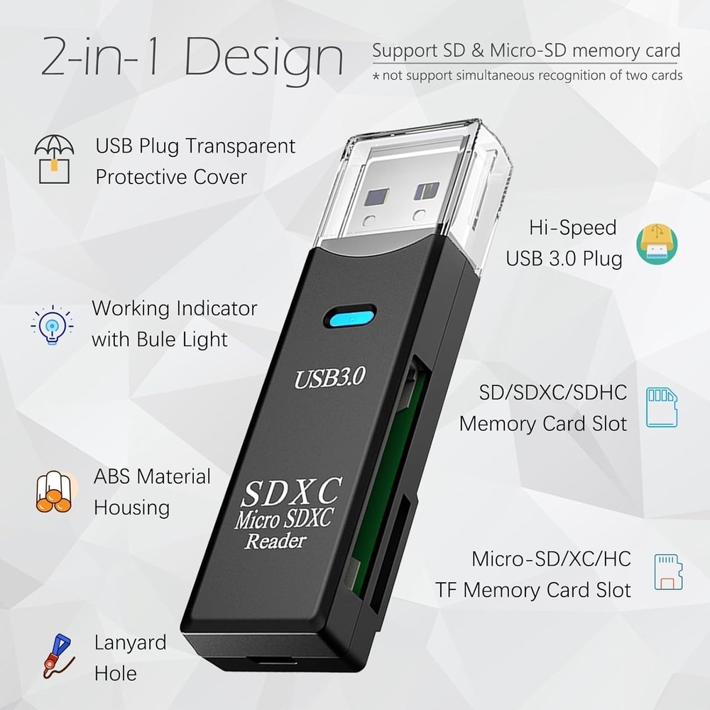 5Gbps USB Card Reader with Dual Slots - Compact Memory Card Adapter in Black