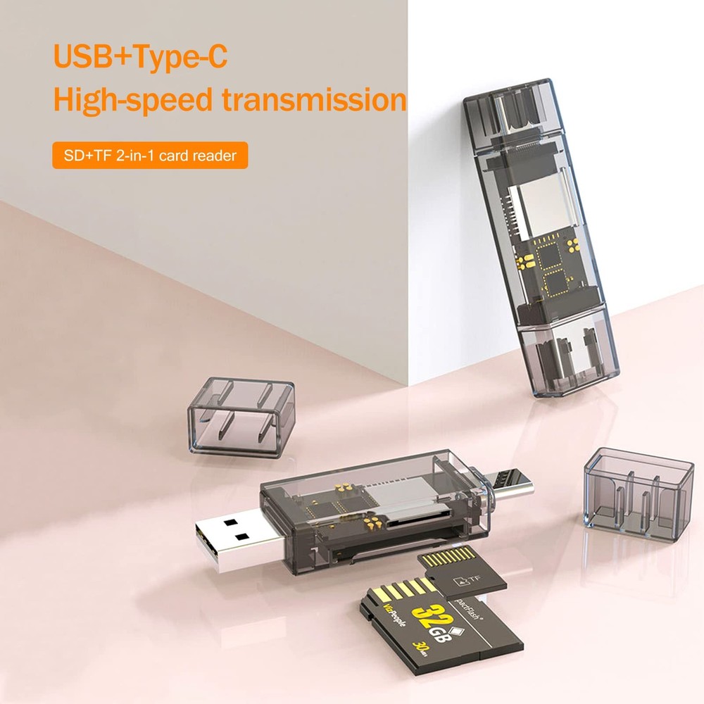 2 Pack USB SD Card Reader for PC, Micro 2 USB_USB-C, Transparent Black