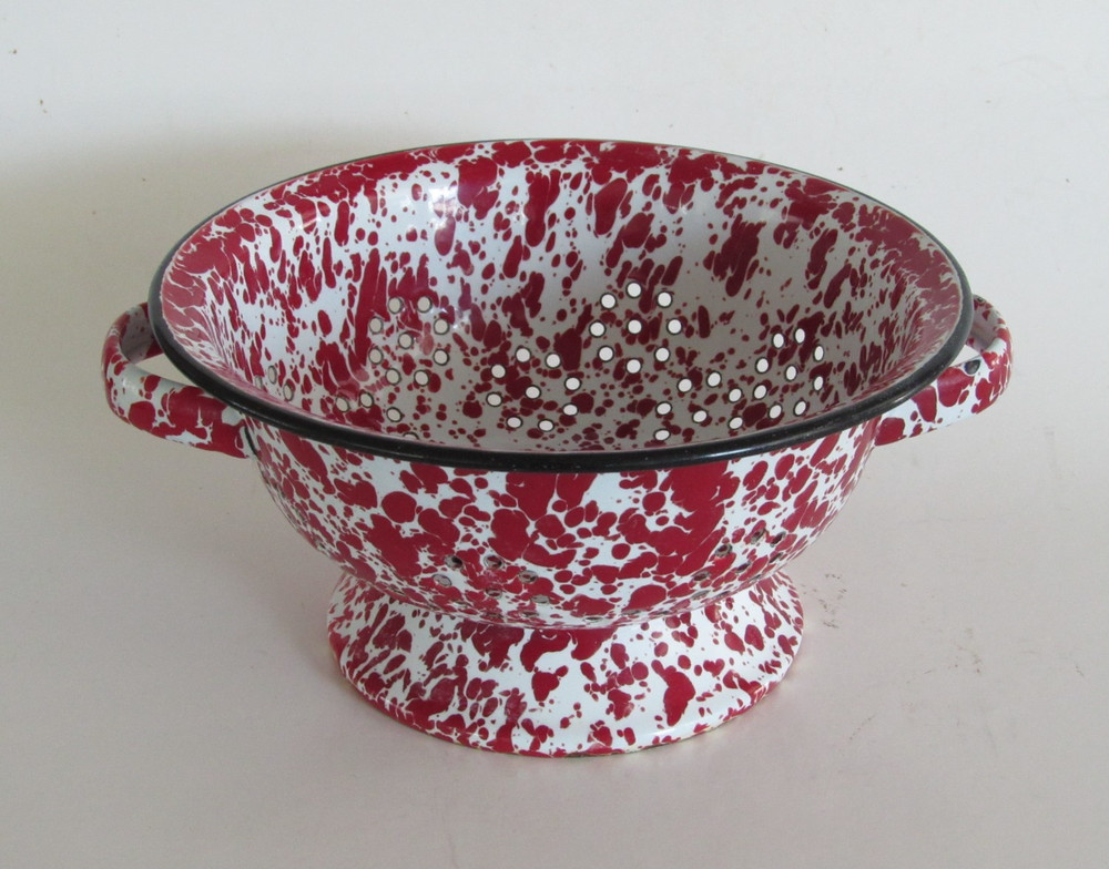 Vintage Red and White Speckled Splatterware Graniteware Enamel Colander