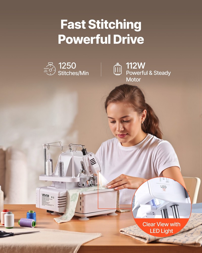 VEVOR Serger Sewing Machine Overlock Machine 1250 SPM 3 and 4 Thread Capability