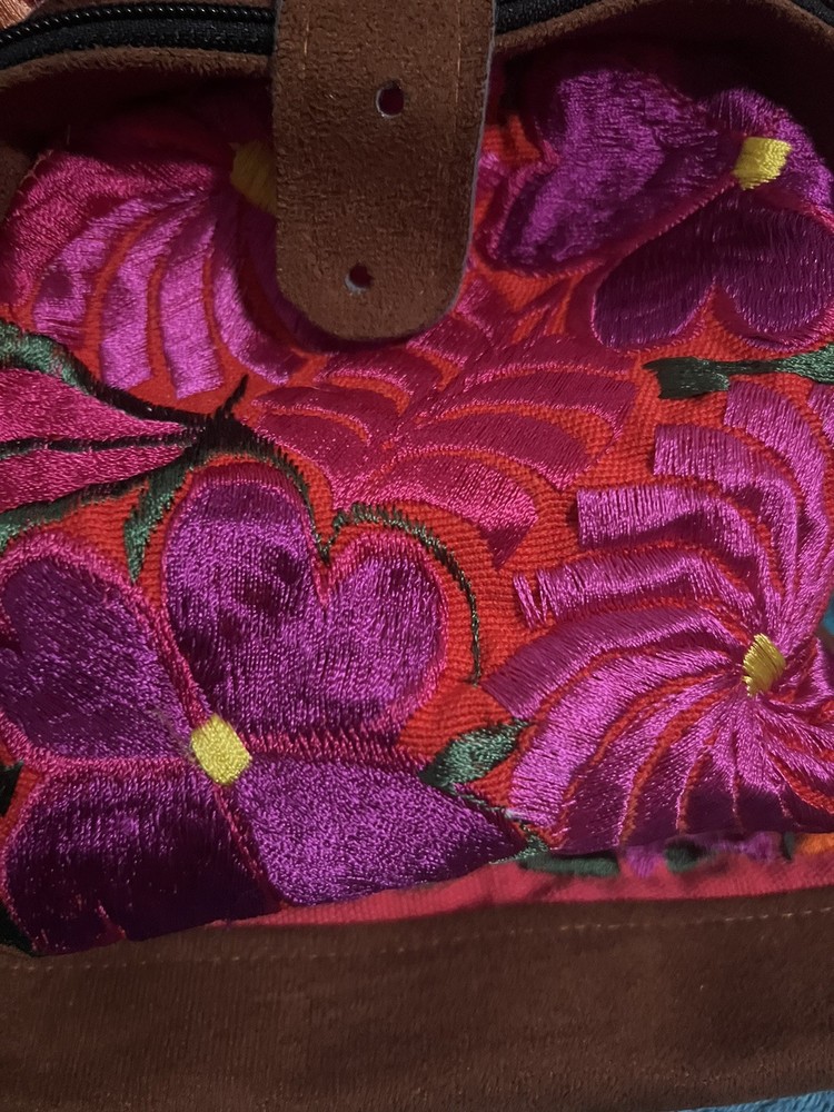 Vtg Suede Embroidered Backpack Floral Guatemala
