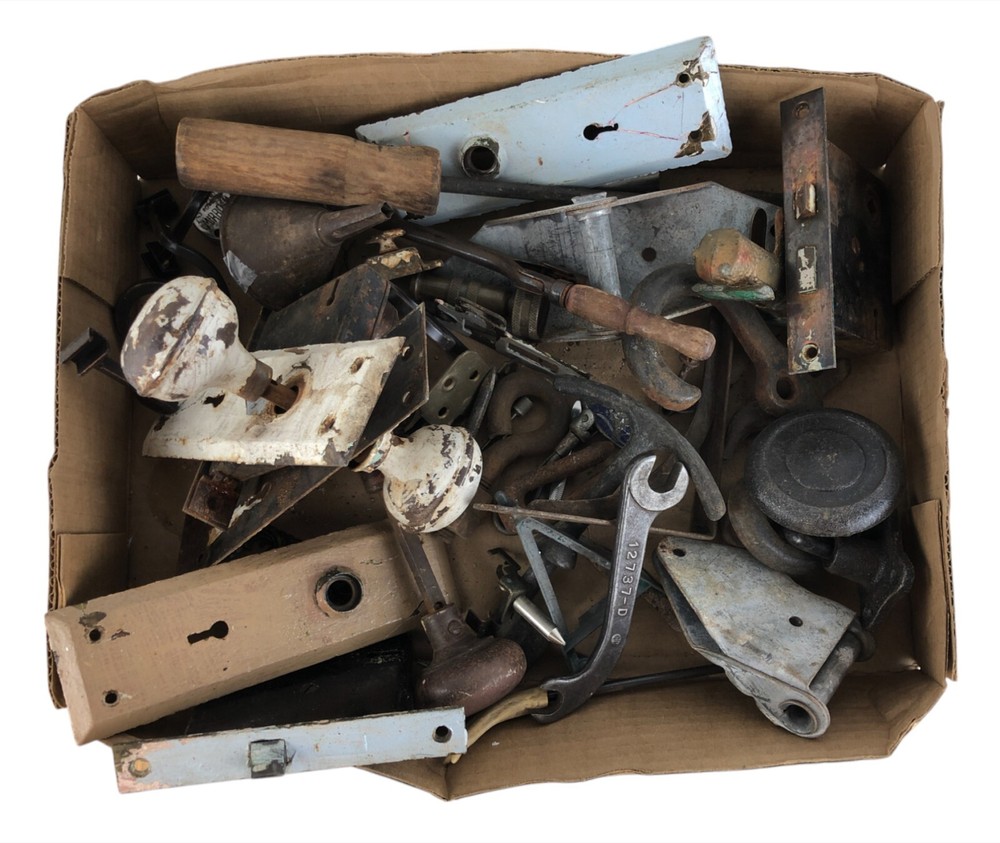 12 Pounds Mixed Miscellaneous Old Hardware Metal Stuff Locks Hooks Wheels Pulls