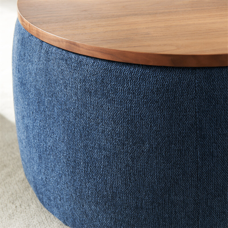 Round Storage Ottoman, 2 in 1 Function, Work as End table & Ottoman-Navy