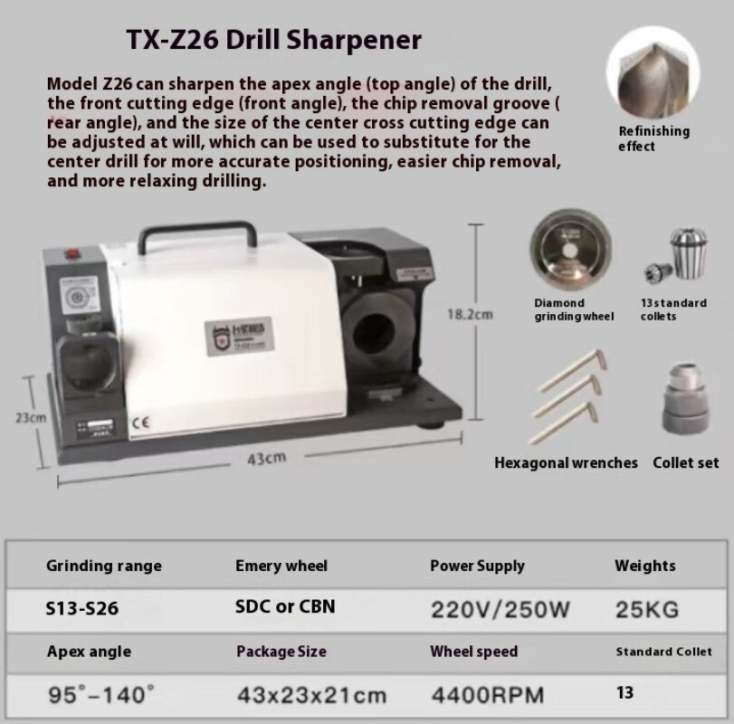 High-precision drill bit grinder TX-Z26 sharpener wide range adjustable back