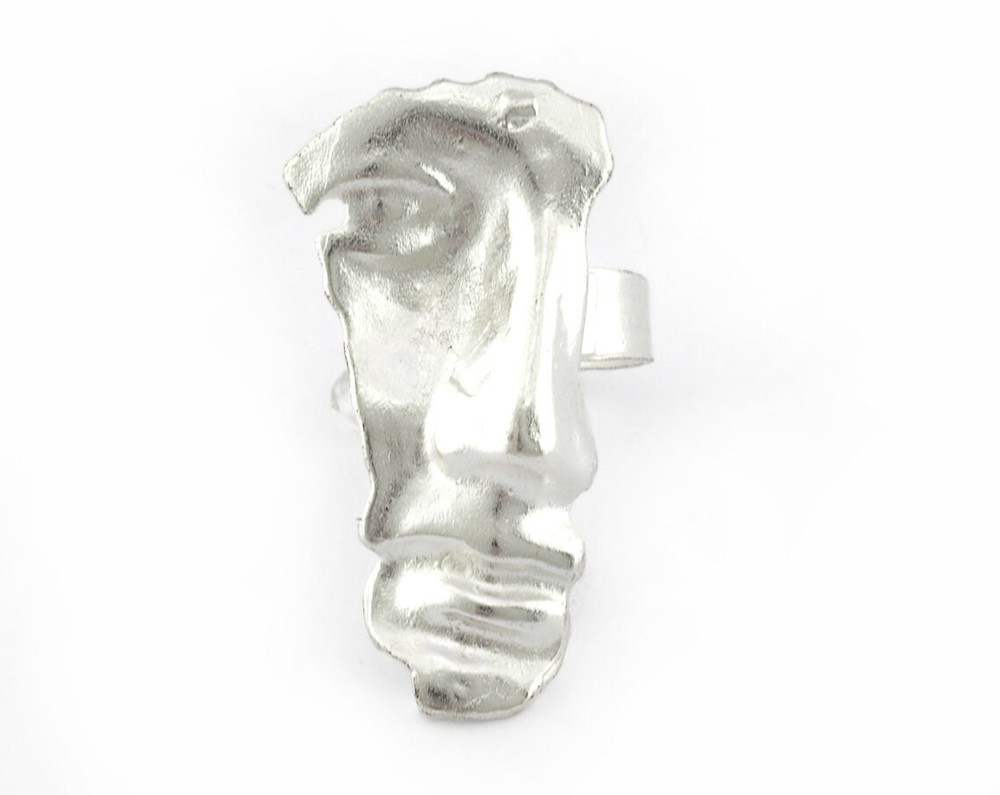 Face Ethnic Ring Adjustable Shiny silver plated brass (18mm 8US inner size) 5231