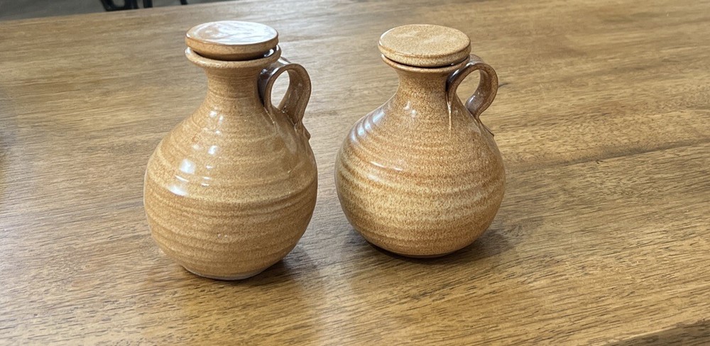 Art Pottery Mini Pitchers Glaze With Lids Rustic Decorations 2 Pcs.
