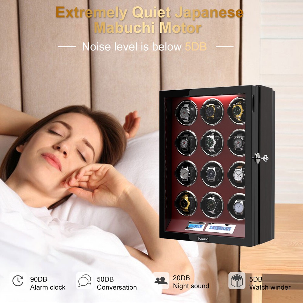 Automatic 12 Watch Winder Display Case Box LCD Touch Screen Display W/ LED Light