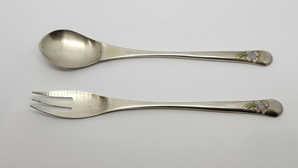 KOREAN 800 SILVER FORK & SPOON w/ ENAMEL Lucky Clover Leaf