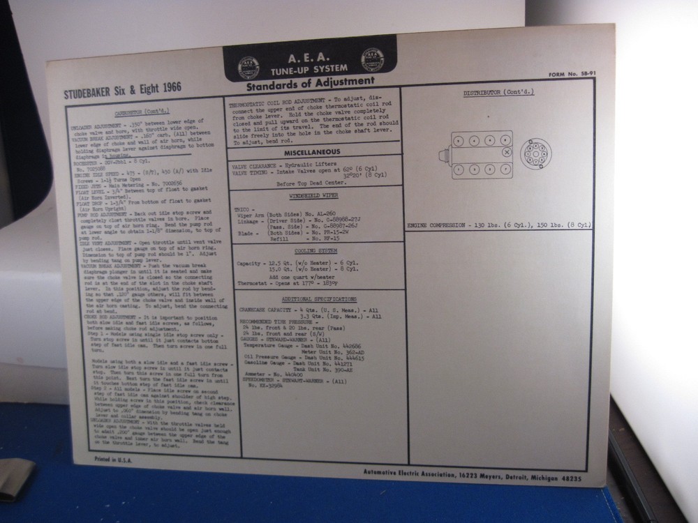 Studebaker  Tune Up Charts  1937 - 46