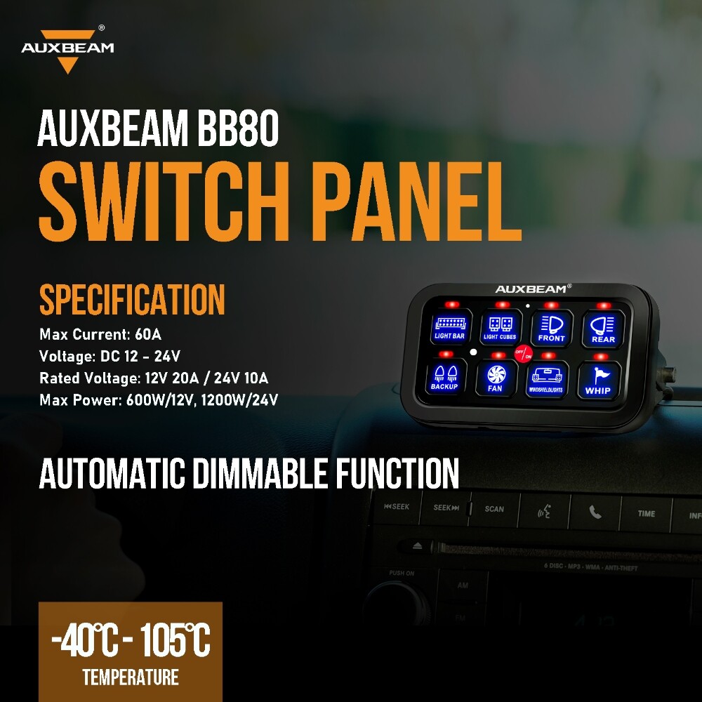 AUXBEAM 8 Gang Switch Panel On-Off LED Light Circuit Control (Blue Back light)