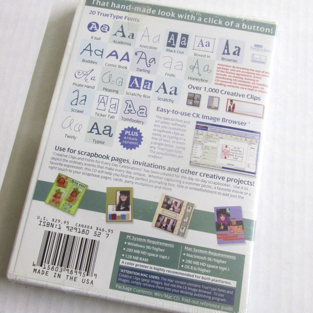 Creating Keepsakes Clips Fonts For Everyday Celebrations Graphic CD Software NIP