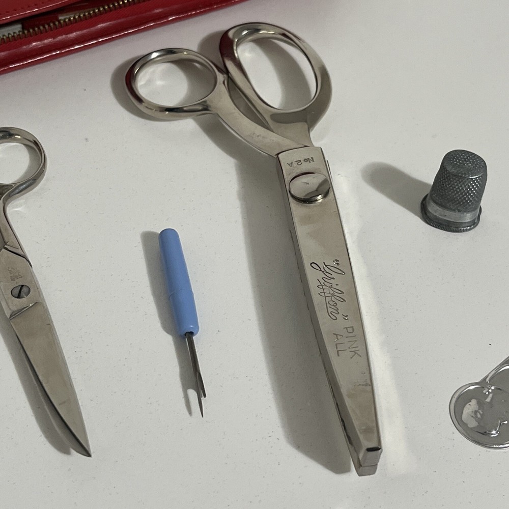 Vintage Pinking Shears, Griffon Scissors, Thimble & Red Leather Sewing Case Set