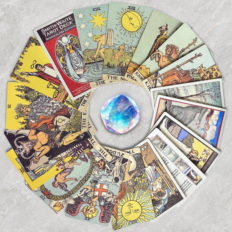 Borderless Classic Smith Ride Tarot 78 Card Silver Foil Edge Guidebook Tin Box
