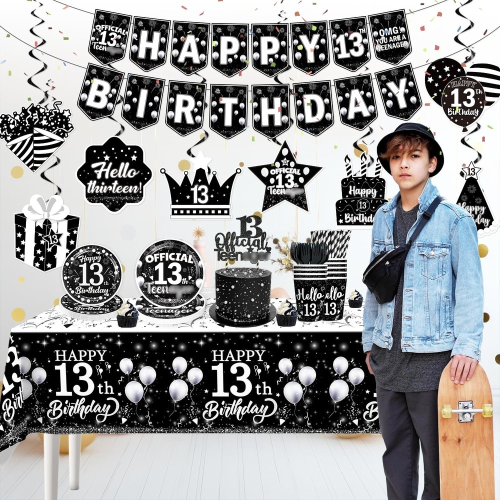 170pcs 13th Decorations for Boys Tableware Set, Black Themed 13th Plates and ...
