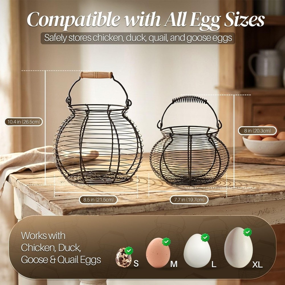Egg Basket for Gathering Fresh Eggs - Round Wire Countertop Egg Holder with S...