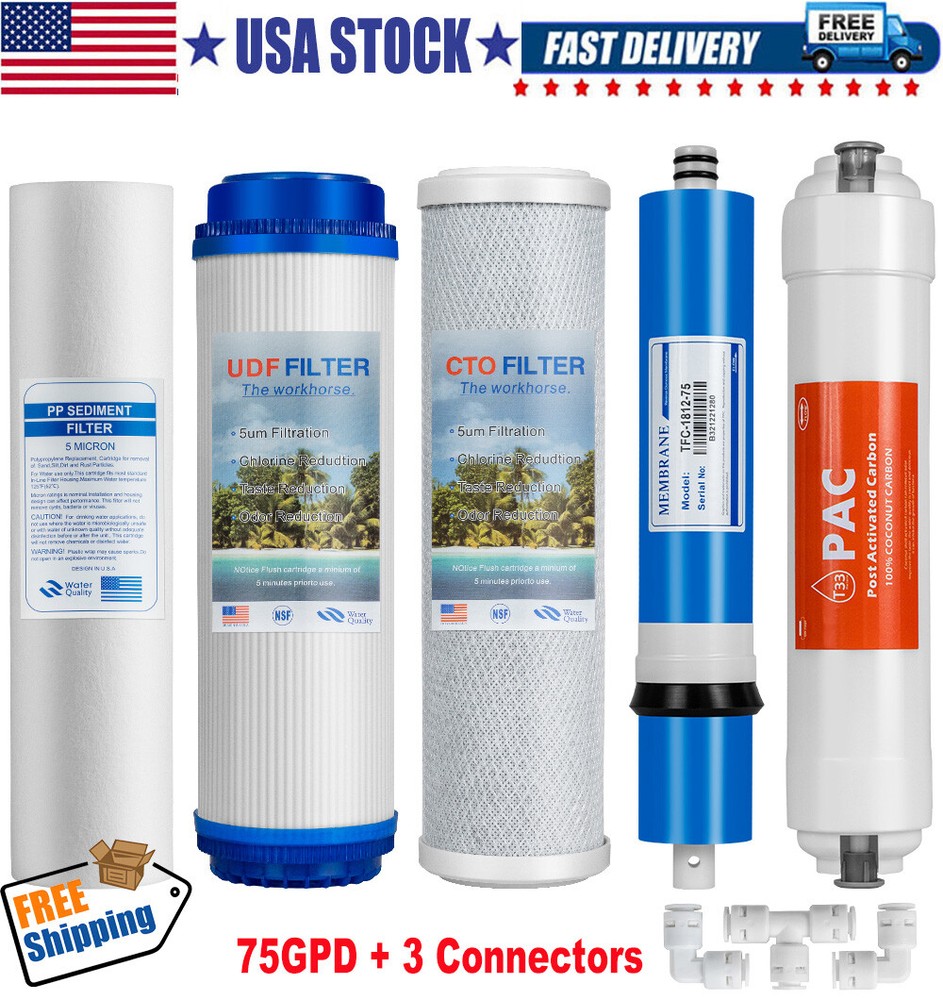 5-Stage Reverse Osmosis Replacement Filter Set w/ 75 GPD RO Membrane QC Fitting