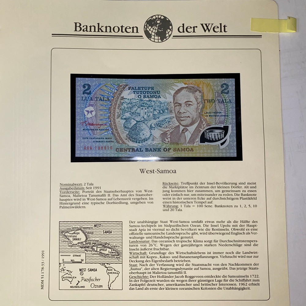 Western Somoa 2 Tala 1991 Note Crisp Uncirculated