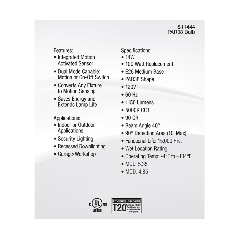 Motion Sensor Activated 40° Flood LED 120V 14W =100W PAR38 E26 5000K Natural