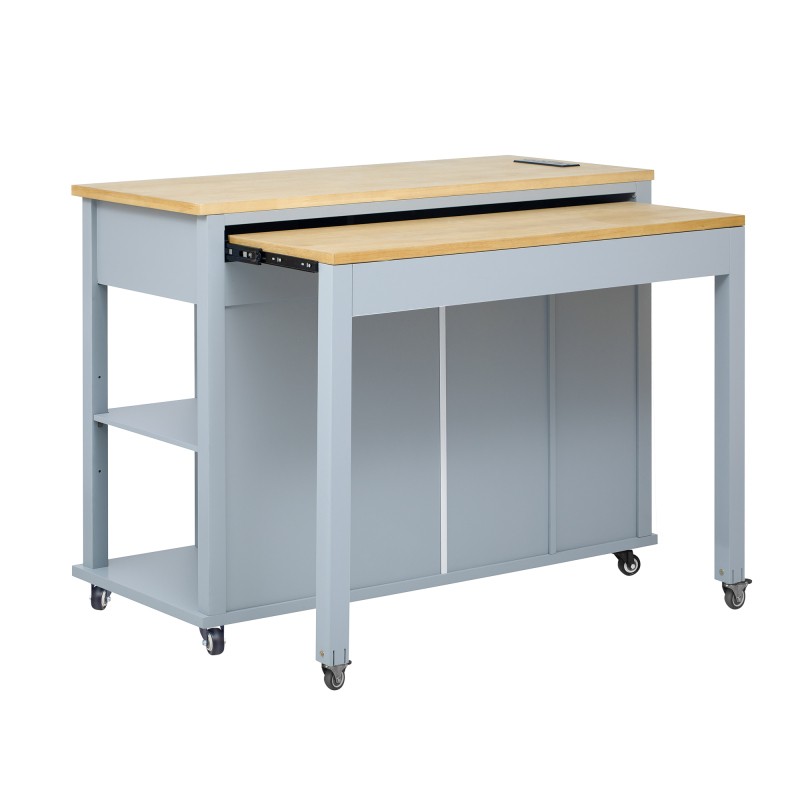 Kitchen Island with Extendable Dining Table, Rolling Wheels, Storage, Power