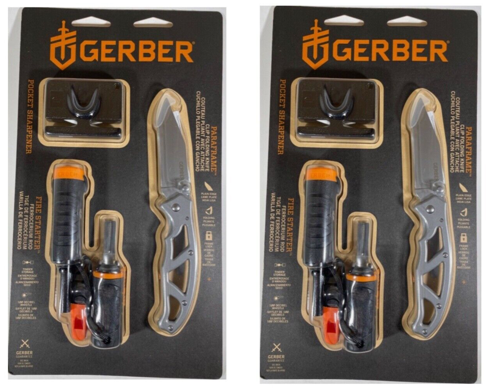 (2 PACK) GERBER Survival Set Paraframe Knife, Fire Starter, Sharpener, Whistle