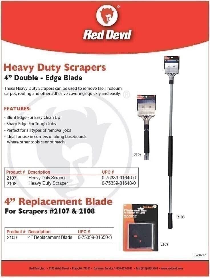 Red Devil 2108 Long Handle Heavy Duty Floor Scraper, 1-Pack, Metal