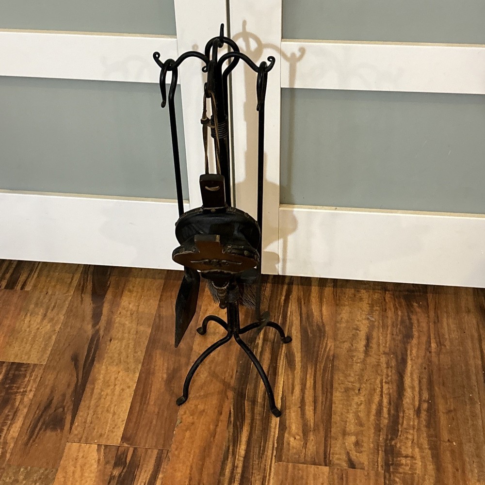 Vintage Fireplace Rustic Heavy Duty Compact Wrought Iron Tools Set w/ Bellow