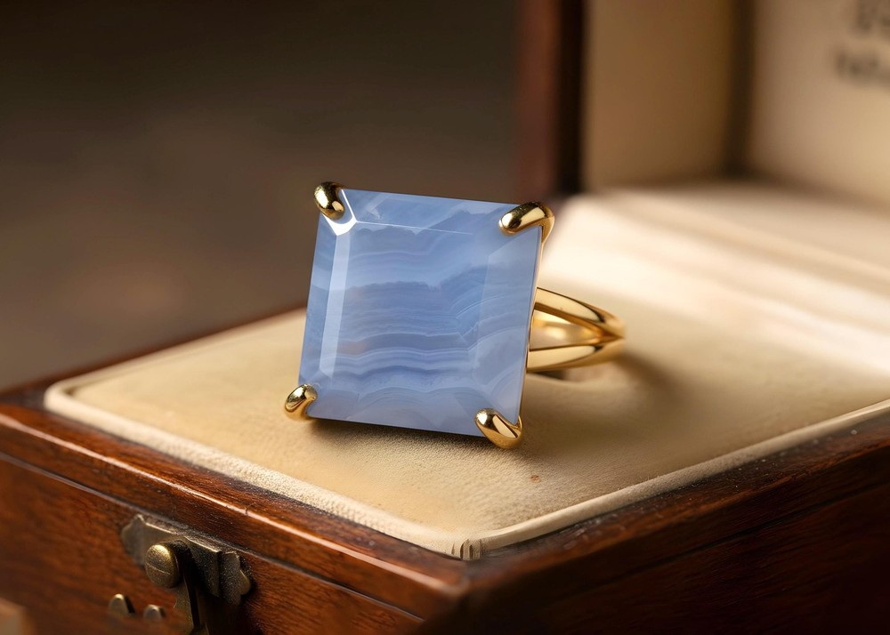 Blue Lace Agate Ring Anemone Handmade Square Cut 14k Gold Statement