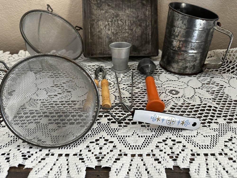 VINTAGE KITCHEN TOOLS Crisco Pan, Strainers, Sifter, Ice Cream Scoop Nutcracker