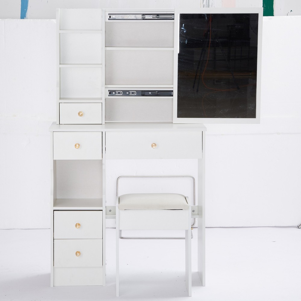 29.2" Small Space Left Drawer Desktop Vanity Table + Cushioned Stool, Extra Larg