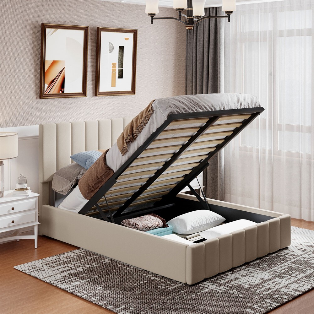 Full Size Bed Frame Upholstered Platform Bed w/ Hydraulic Storage System