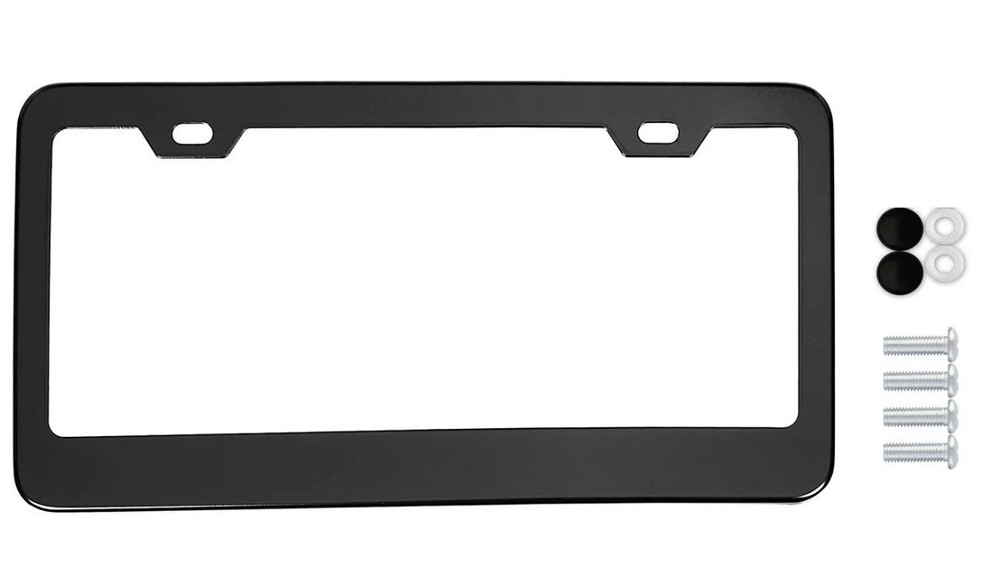 Glossy PLAIN BLACK HEAVY METAL LICENSE PLATE FRAME+CAPS RUST FREE