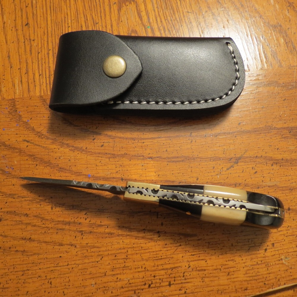 Damascus folding blade knife w/ two tone bone handle & leather sheath hand made