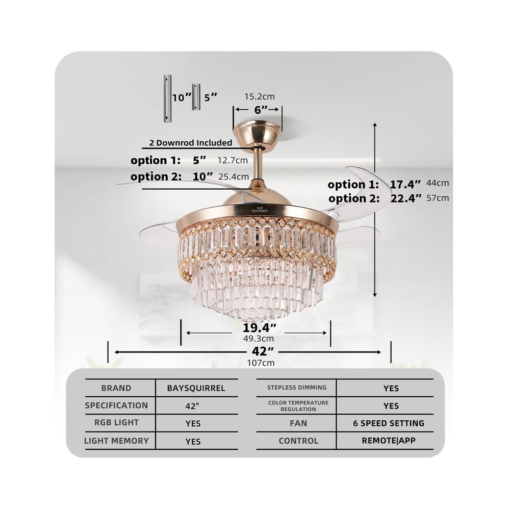 Retractable Crystal Ceiling Fan with Lights and Remote/APP Control, Bluetooth...