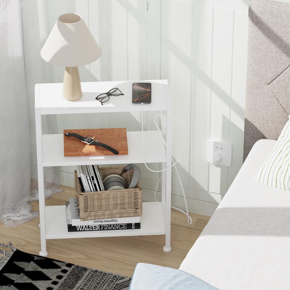 End Table Charging Station 3-Tier Side Table USB Type C 2 Outlets White