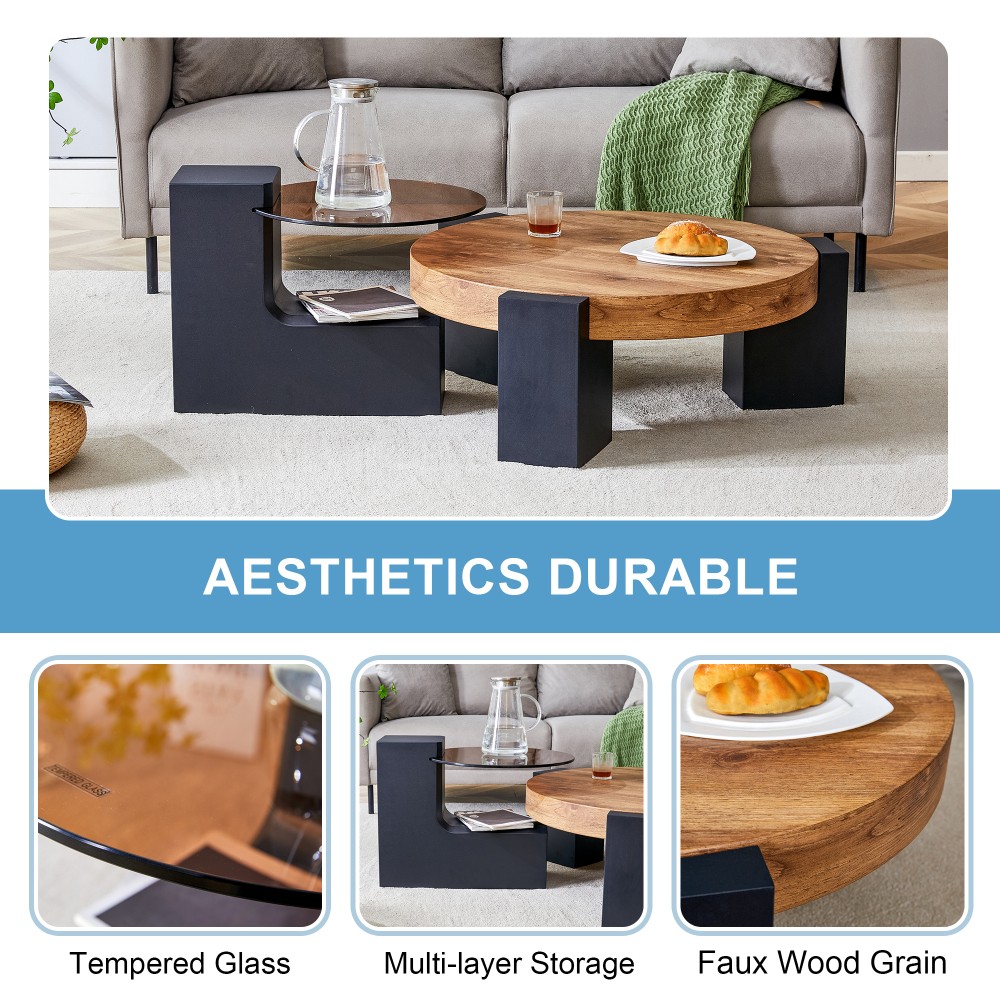 Detachable Double-Decker MDF Coffee Table, Black & Wood, 30” Wide, Easy Assembly