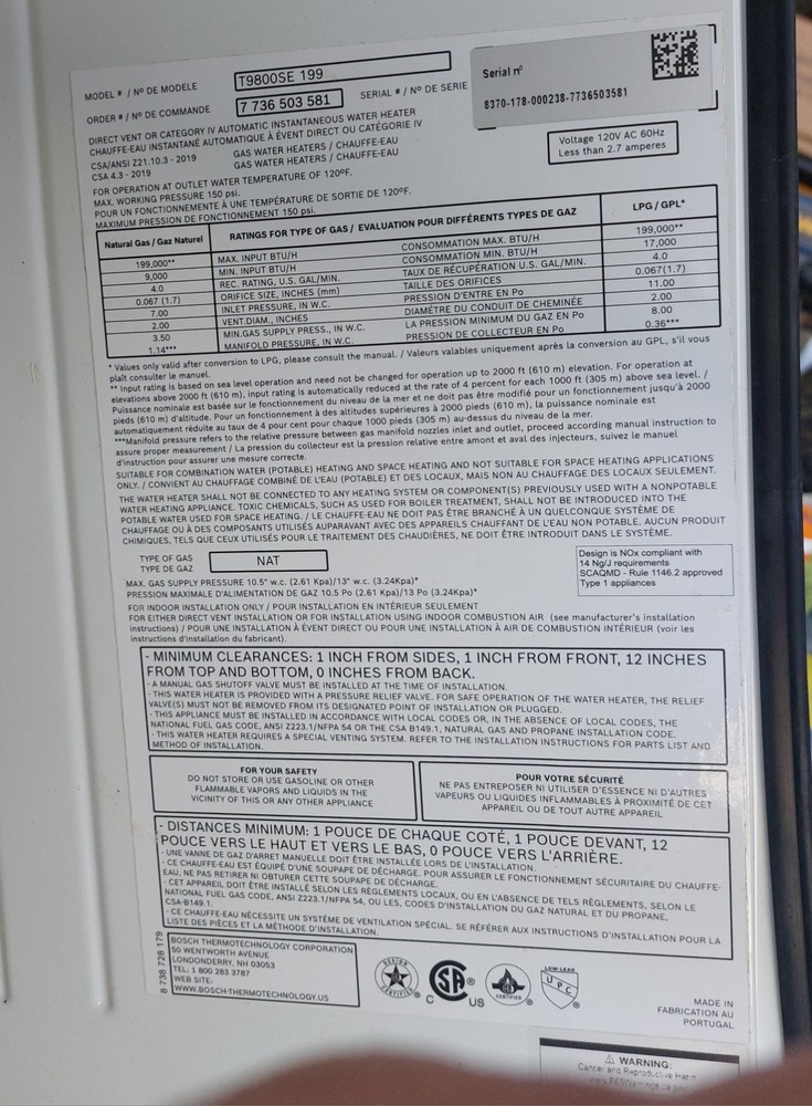 Bosch 199,000 BTU 98% Gas Residential Indoor Tankless Water Heater - T9800SE199