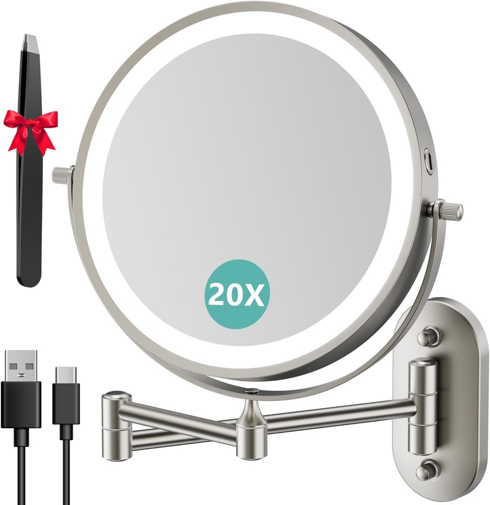 1X/20X Wall Mounted Makeup Mirror with Light 8 Double-Sided Magnifying Mirror