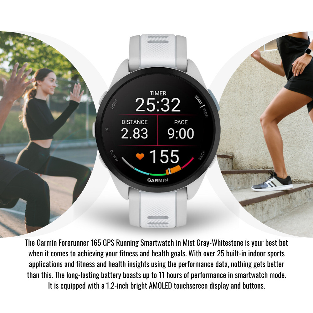 Garmin Forerunner 165 GPS Mist Gray Whitestone Running Smartwatch Bundle