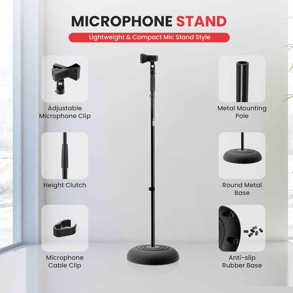 Pyle Adjustable Microphone Stand - Universal Mic with 1 Pack, Black