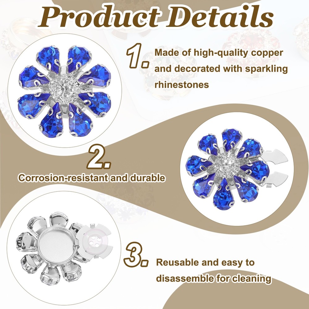 5 Pcs Rhinestone Button Covers, Water Drop Buttons, Navy Blue/Silver
