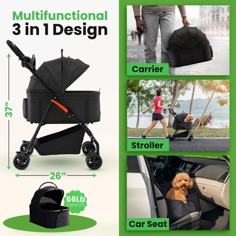 Pet Stroller 3 in 1 Foldable Dog Stroller, Cat Strollers, Foldable pet Stroll...