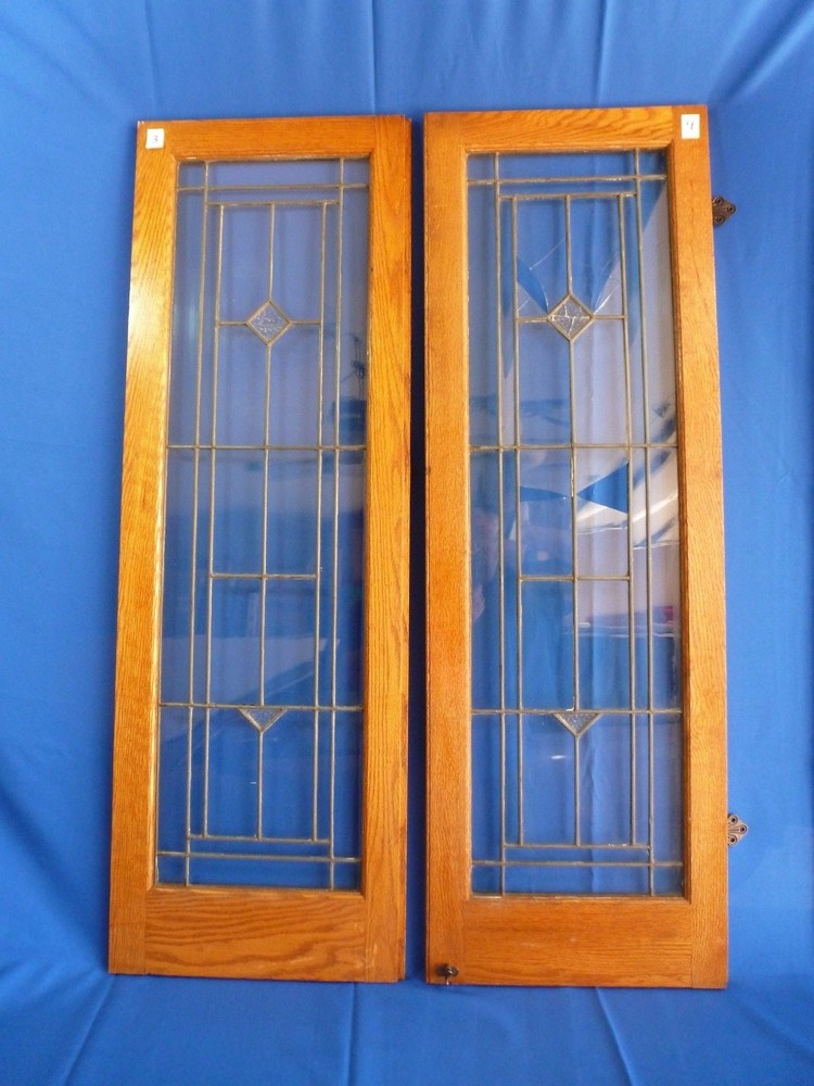 Four 100 yr Old Solid Oak Leaded-Glass Bookcase Doors - All Original - Antique