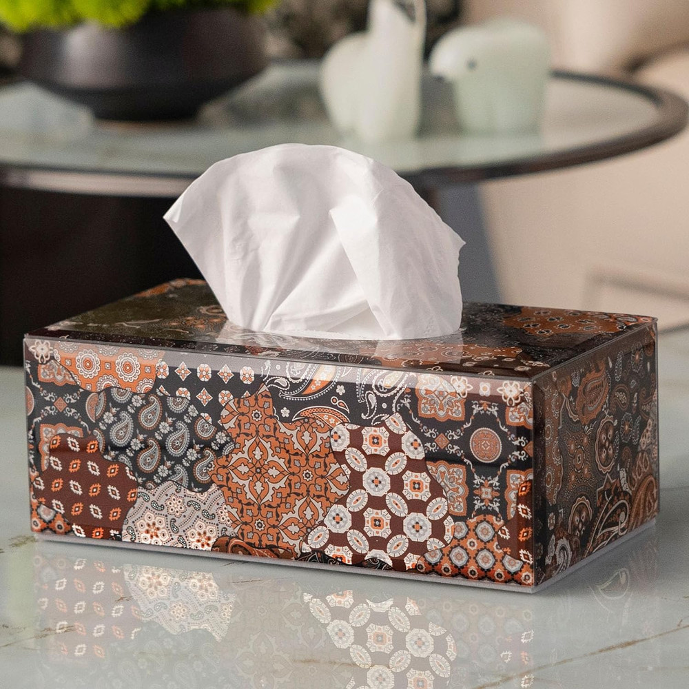 Glass Tissue Box Cover Rectangle-Patchwork Pattern (Brown) Decorative Tissue