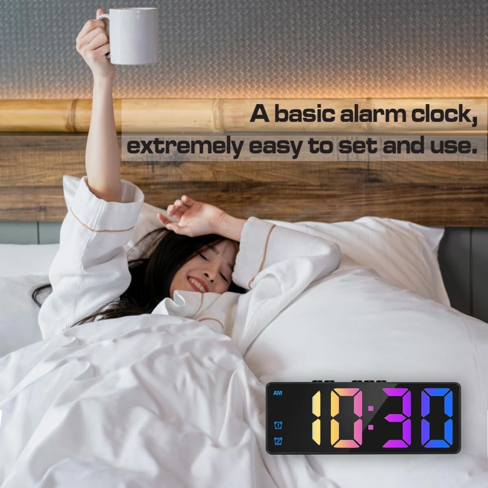 Small Digital Alarm Clock Mirror LED Display Adjustable Brightness Black Case