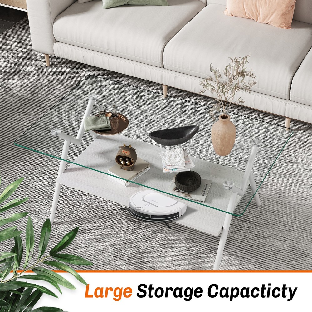 Rectangular coffee table with tempered glass on top and white metal legs