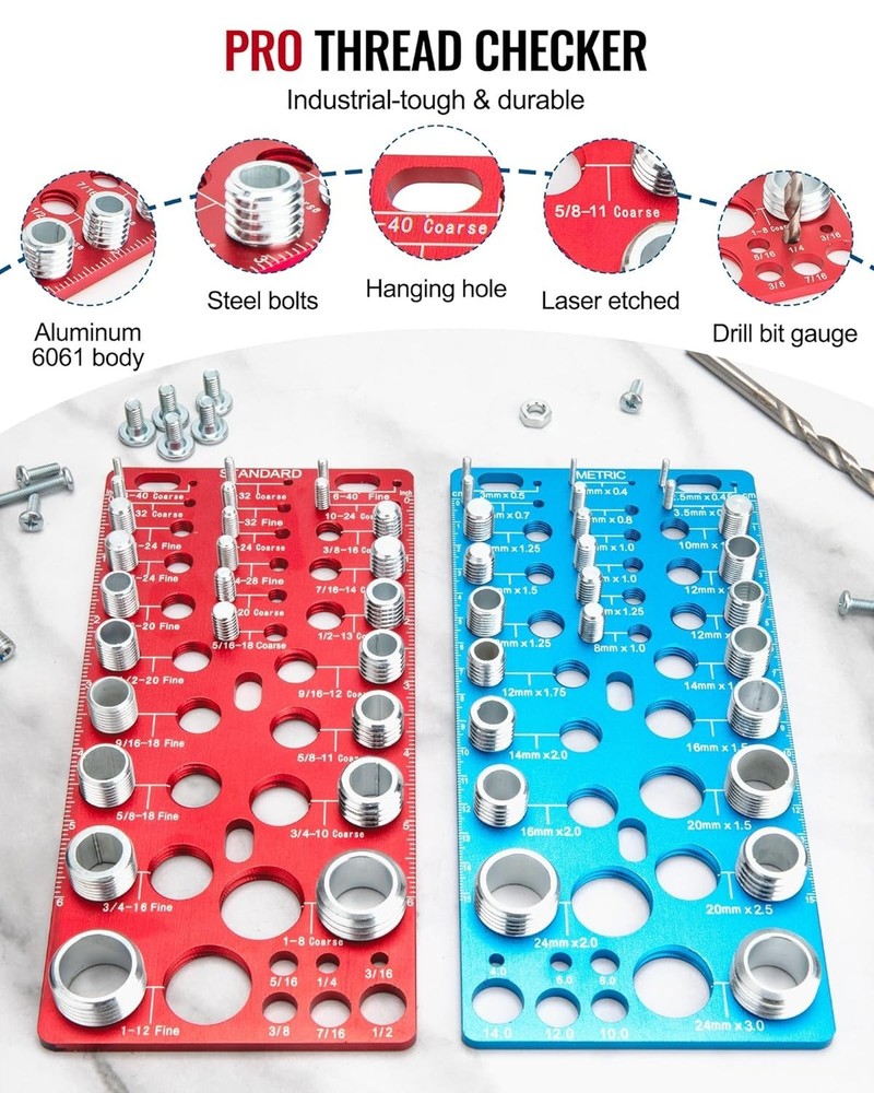 62 Pcs Nut and Bolt Thread Checker SAE & Metric Wall Mount Gauge Drill Bit Sizer