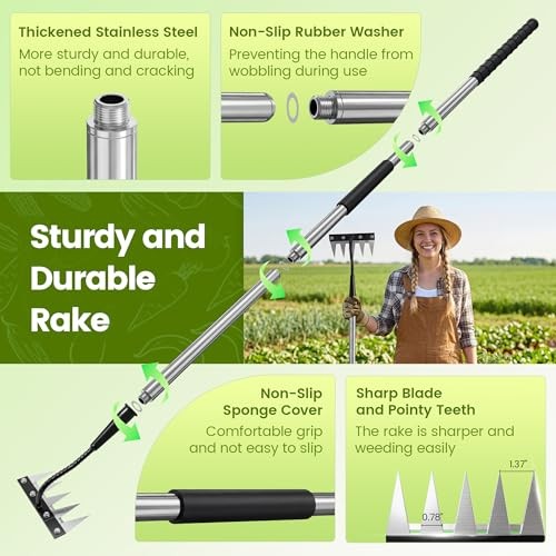 Iron Weeding Rake with Long Handle - Upgraded Weed Puller Tool, Heavy 5 Teeth
