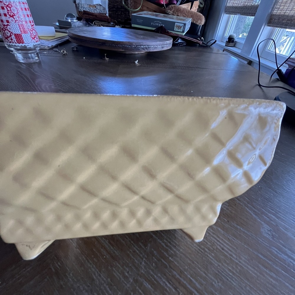 Vintage 404-USA Yellow Ceramic Rectangular Planter Basketweave Pattern Footed